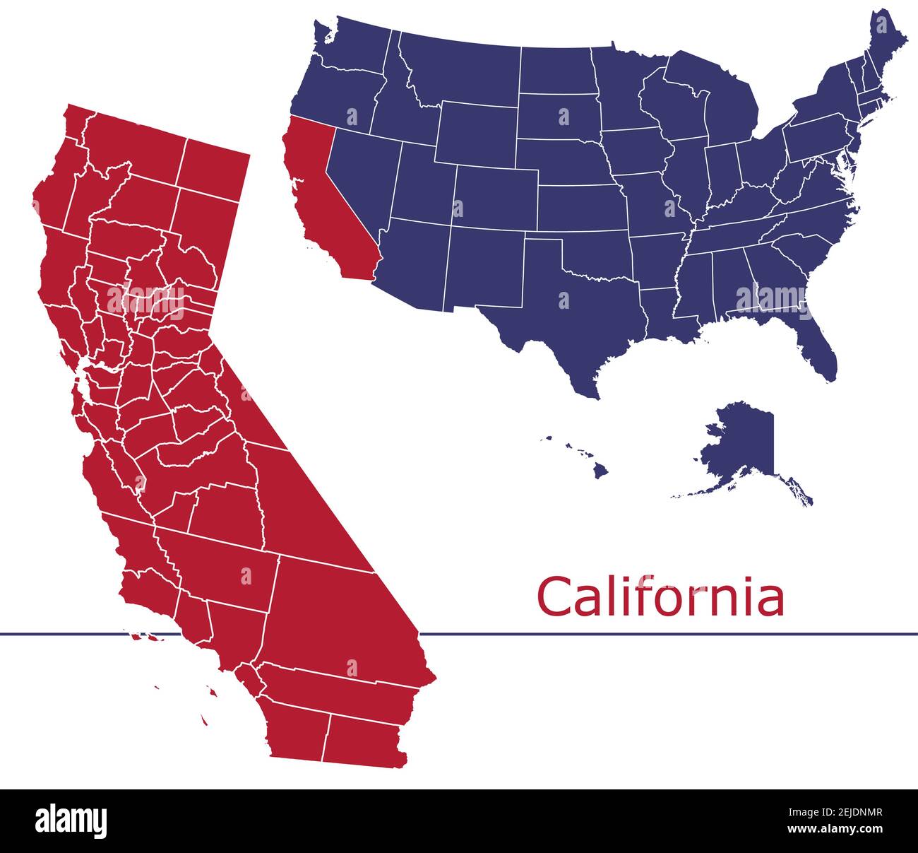 Kalifornien Grafschaften Vektor-Karte Umriss mit USA Kartenfarben national Alarmmeldung Stock Vektor