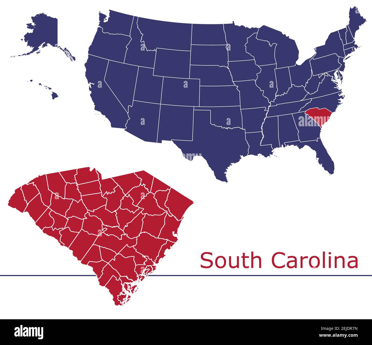 South Carolina Grafschaften Vektorkarte Umriss mit USA Kartenfarben Nationalflagge Stock Vektor