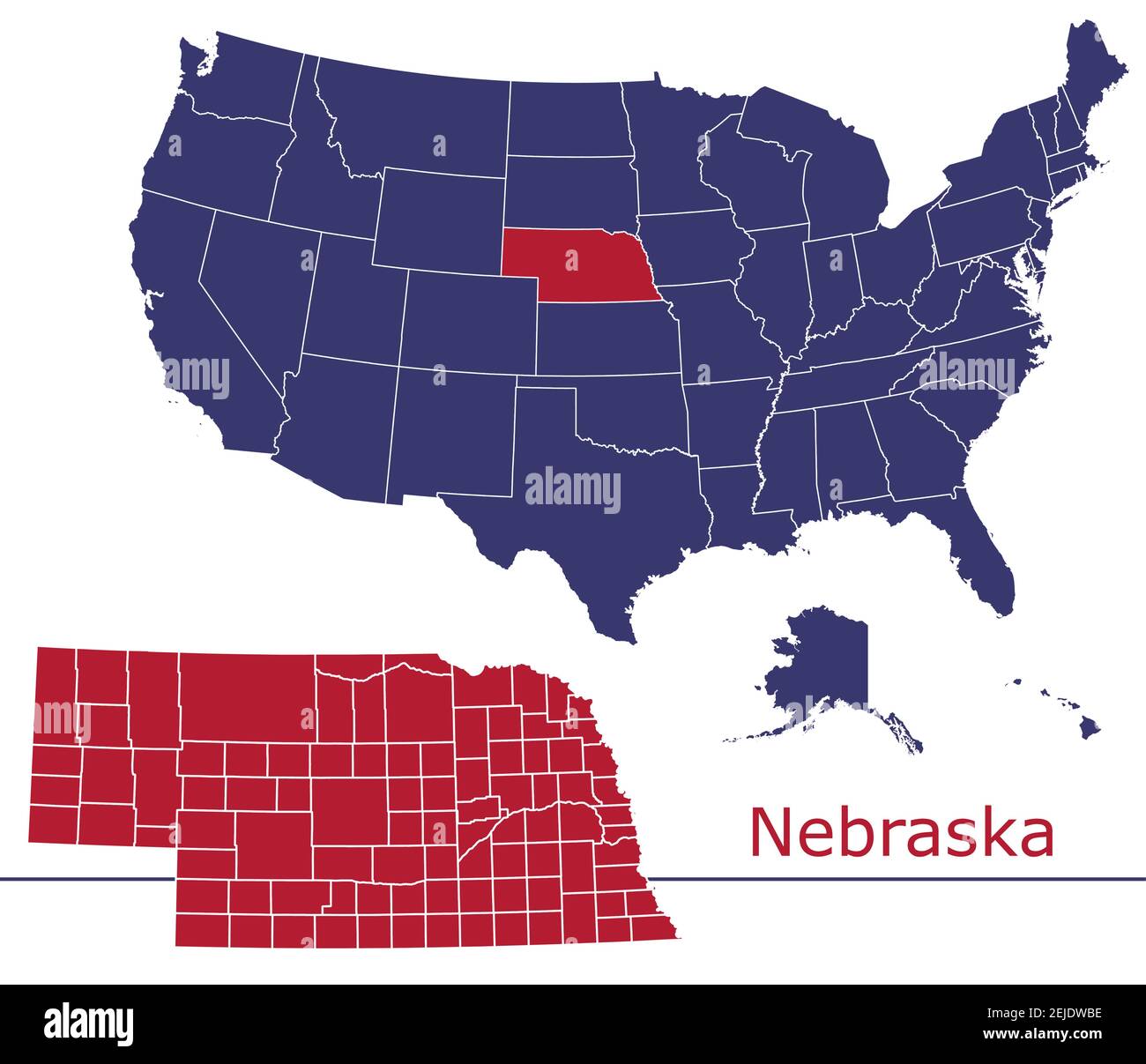 Nebraska Grafschaften Vektor-Karte Umriss mit USA Kartenfarben national Alarmmeldung Stock Vektor