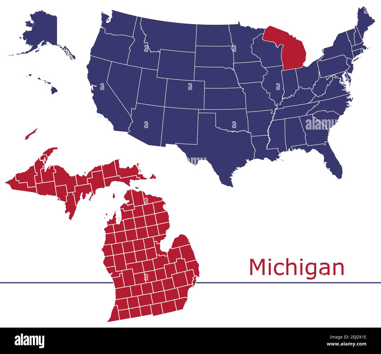 Michigan Grafschaften Vektor-Karte Umriss mit USA Kartenfarben national Alarmmeldung Stock Vektor