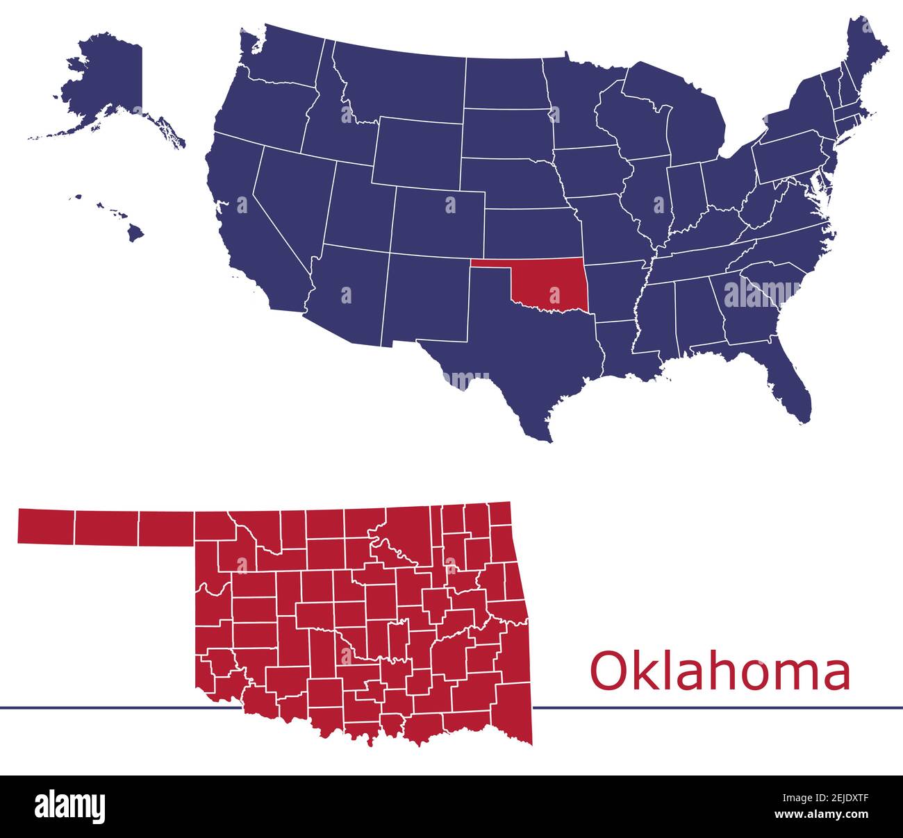 Oklahoma Grafschaften Vektor-Karte Umriss mit USA Kartenfarben national Alarmmeldung Stock Vektor