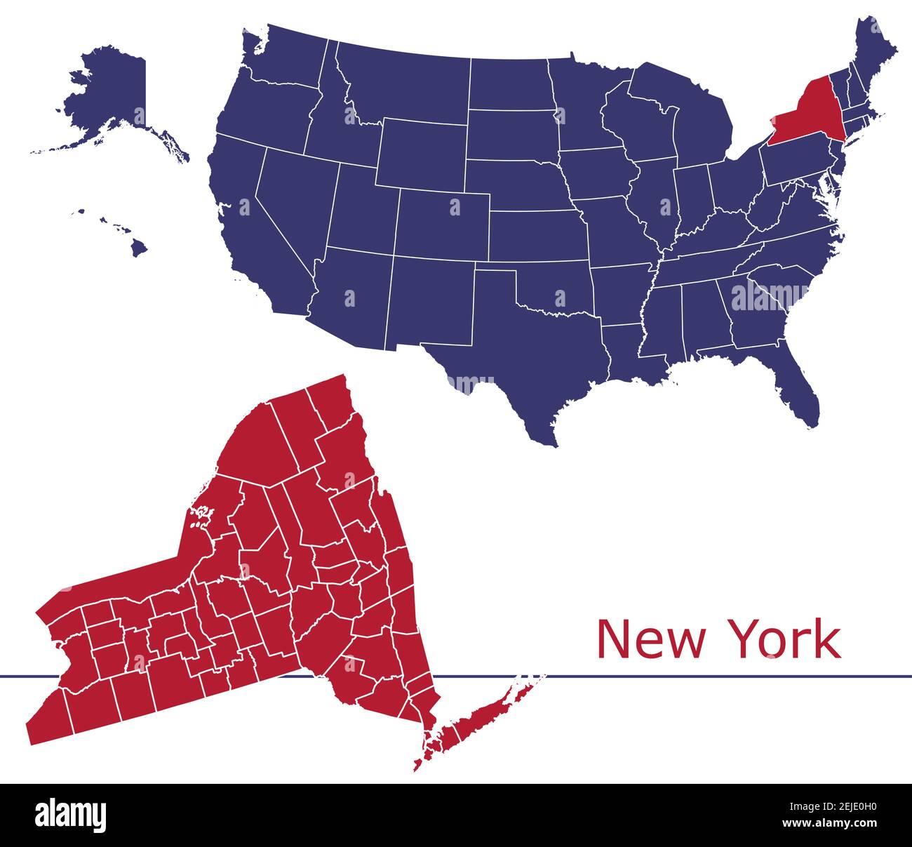 New York Grafschaften Vektorkarte Umriss mit USA Kartenfarben Nationalflagge Stock Vektor