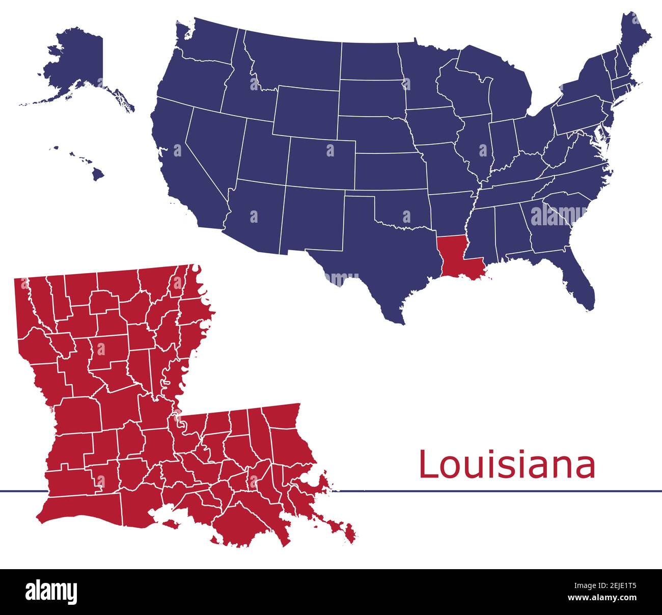 Louisiana Grafschaften Vektor-Karte Umriss mit USA Kartenfarben national Alarmmeldung Stock Vektor