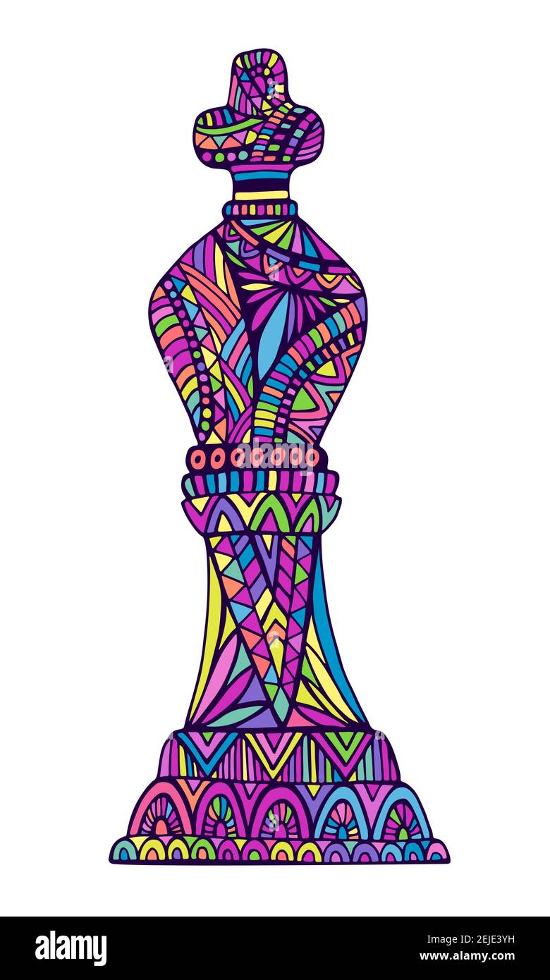 Buntes König Schachstück mit vielen dekorativen abstrakten hellen Mustern Doodle-Stil, isoliert auf Weiß. Stock Vektor