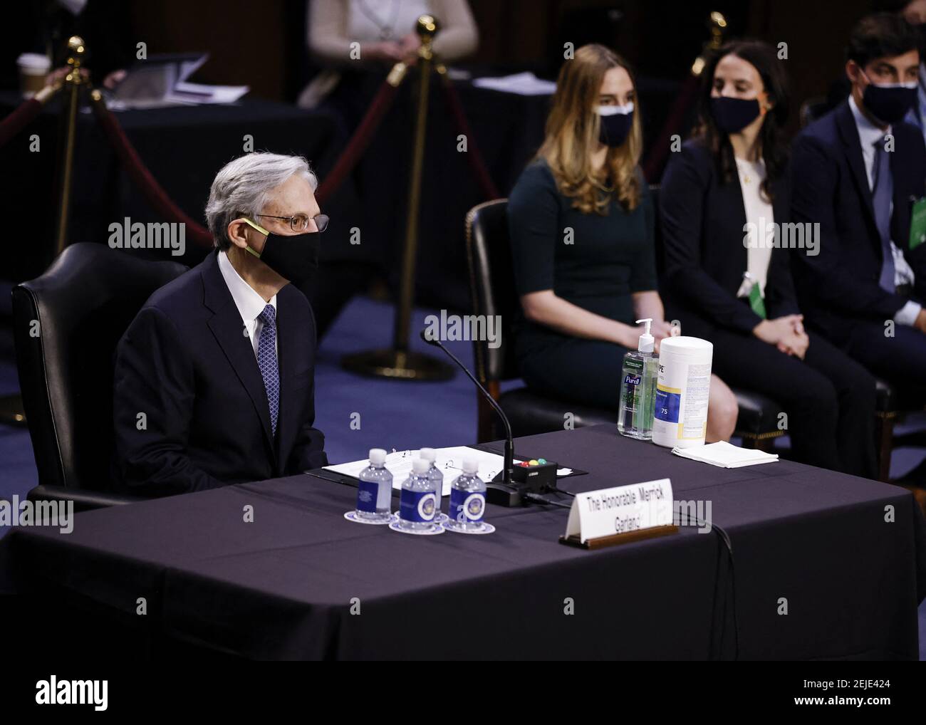 Richter Merrick Garland sitzt, um vor einer Anhörung des Justizausschusses des Senats über seine Ernennung zum US-Generalstaatsanwalt am 22. Februar 2021 auf dem Capitol Hill in Washington, DC, USA, auszusprechen. Foto von Carlos Barria/Pool/ABACAPRESS.COM Stockfoto