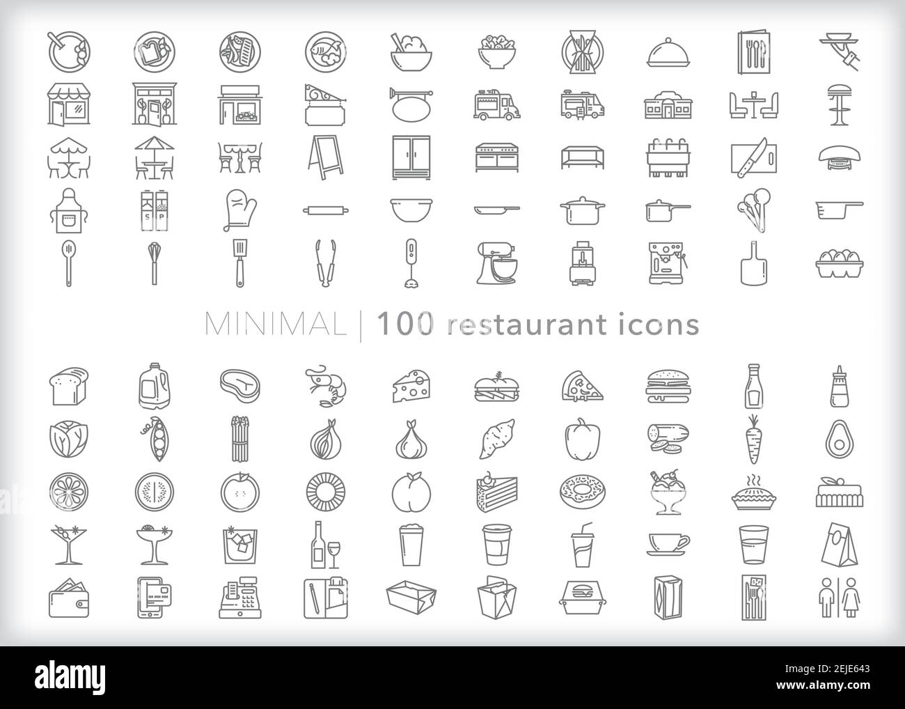 Set von 100 Restaurant-Ikonen der Lebensmittel, Kochen, Vorbereitung, Bestellung und Essen Frühstück, Mittag-oder Abendessen Stock Vektor