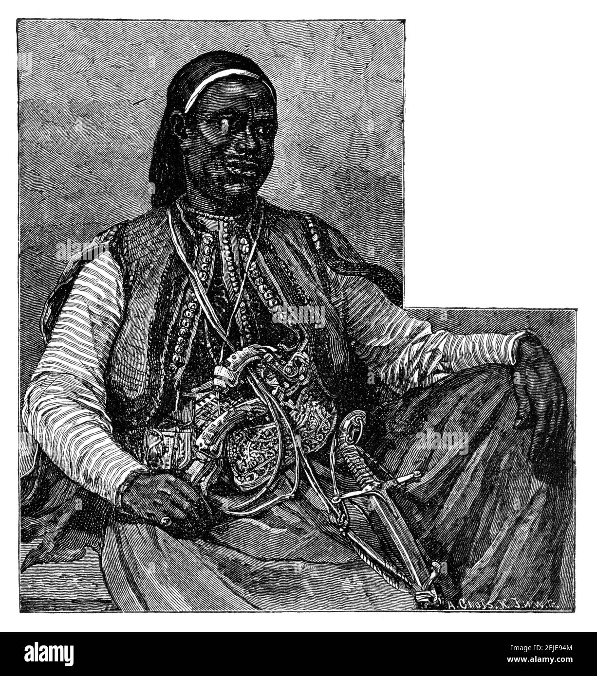 Nubischer Offizier der unregelmäßigen Armee von Ägypten. Kultur und Geschichte Afrikas. Vintage antike Schwarz-Weiß-Illustration. 19th Jahrhundert. Stockfoto