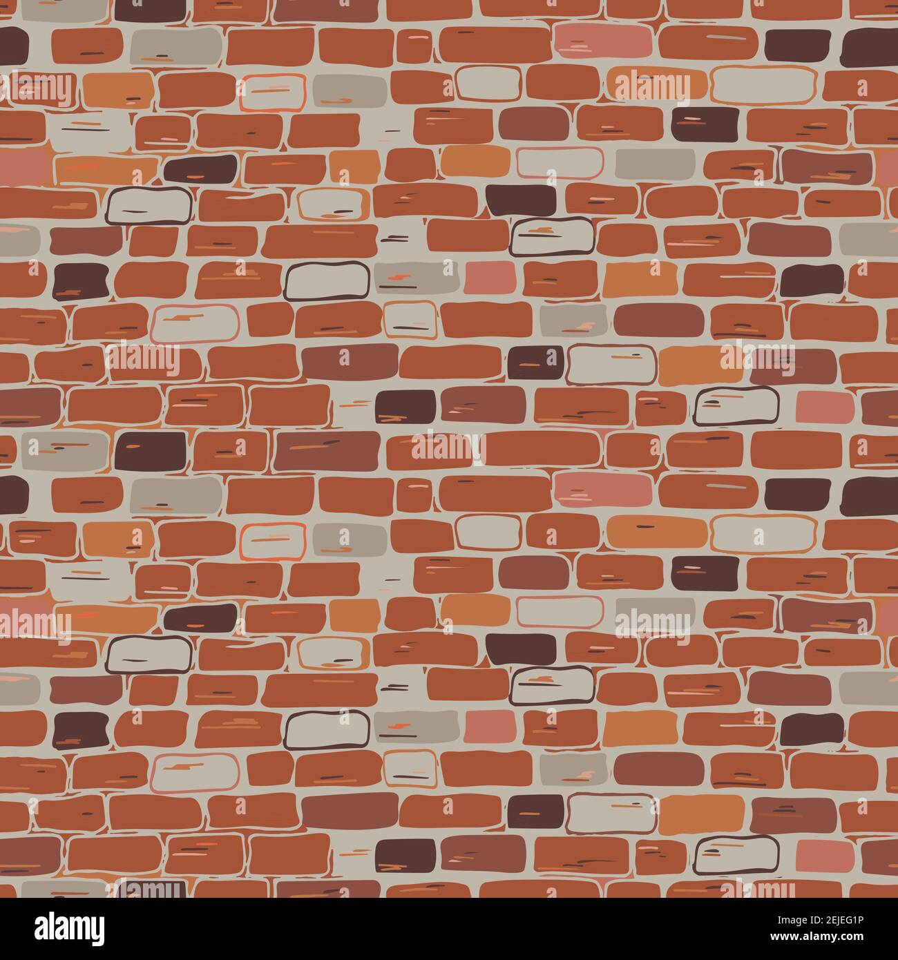 Realistisches Mauerwerk nahtloses Muster. Vektor. Die Wand ist aus Ziegelstein, rot, braun, orange, grau. Flache Abbildung Freihandzeichnung Stock Vektor