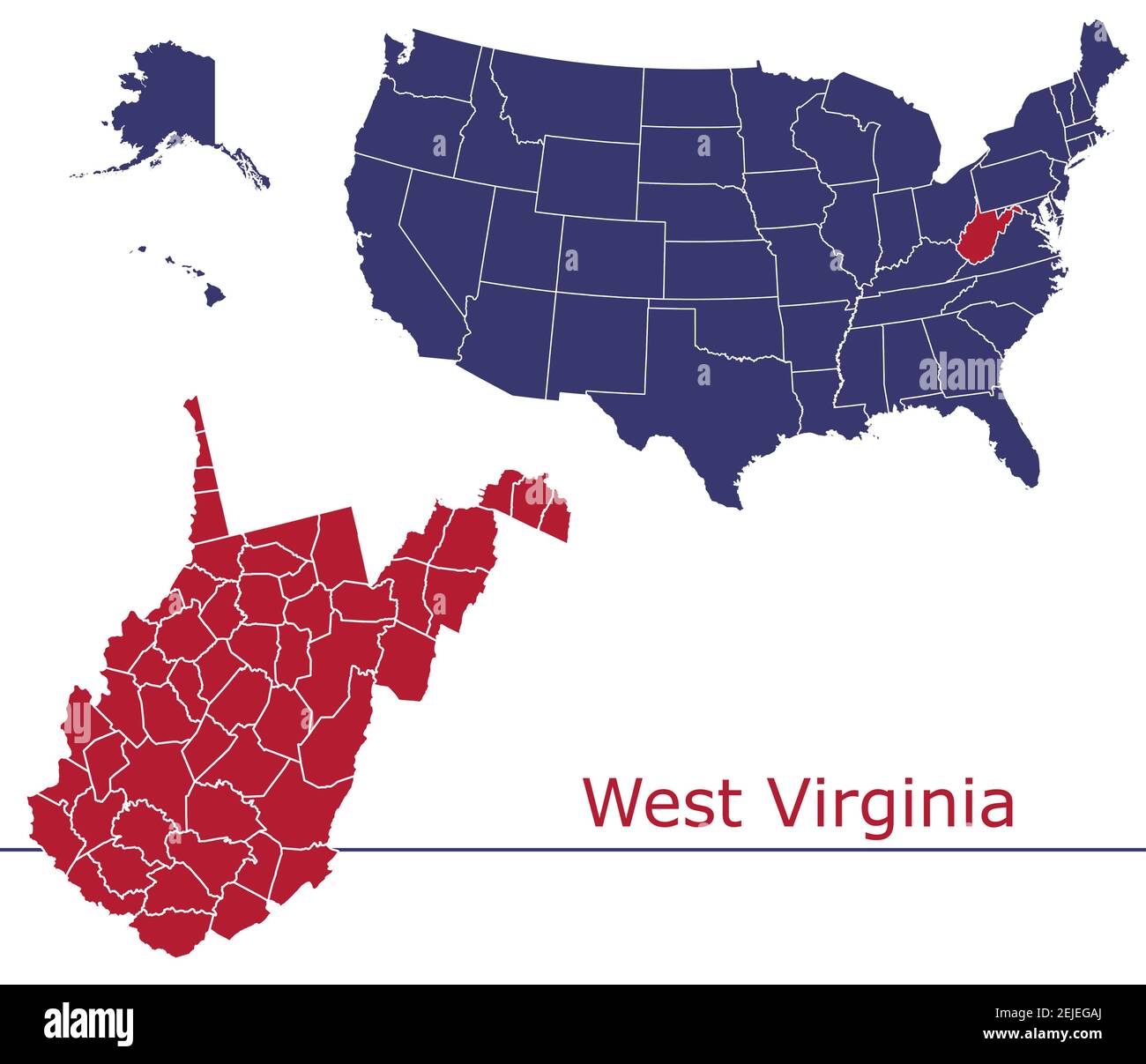 West Virginia Grafschaften Vektorkarte Umriss mit USA Kartenfarben Nationalflagge Stock Vektor