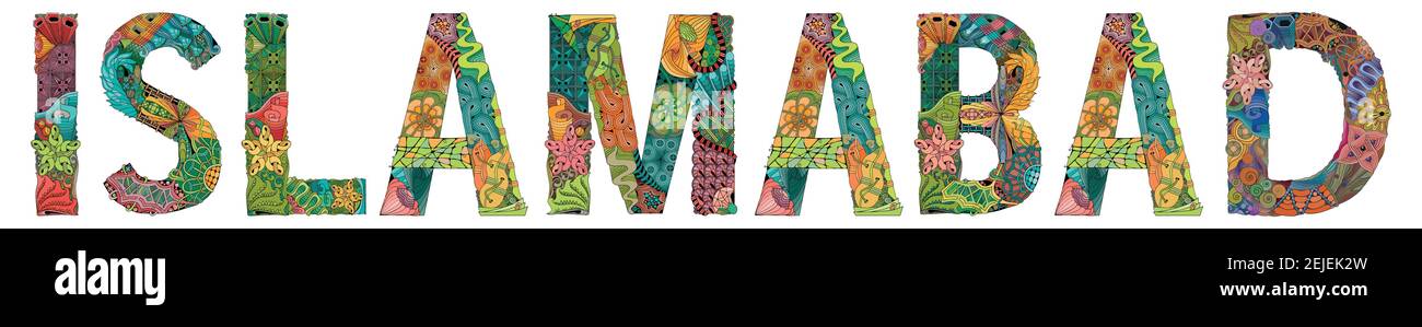 Handgemaltes Kunstdesign. Illustration Islamabad Stadt ist die Hauptstadt von Pakistan für T-Shirt-Design, Tattoo und andere Dekorationen Stock Vektor