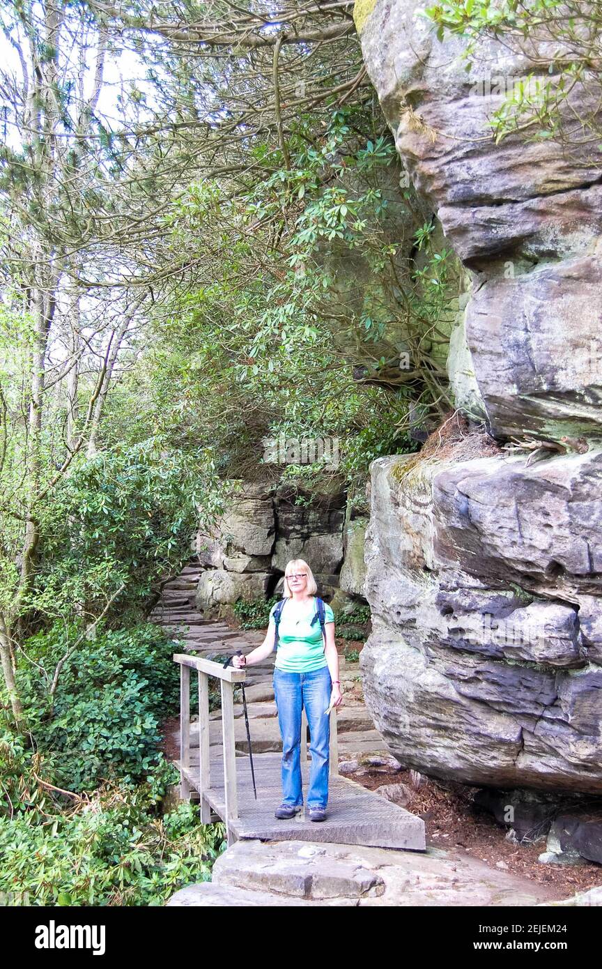 Brücke am Cragside Northumberland UK Felsen Mauern hohe Büsche Mädchen blonde Laufbahn Bahn Straße Jeans Top Stick Rucksack Garten Gärten Stockfoto