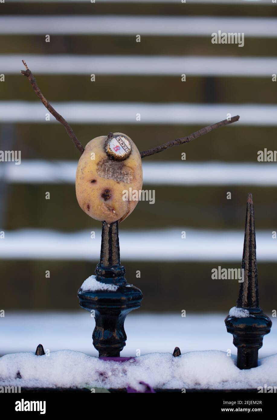 Lustiger schottischer Humor, DIY Mr. Potato Head mit Bierflaschengesicht und Stockarmen vom Scott Monument, Edinburgh. Stockfoto