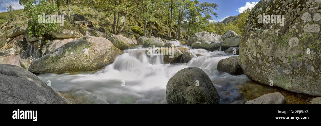 Wasser fließt aus Felsen, Fluss Jerte, Valle del Jerte, Caceres, Provinz Caceres, Extremadura, Spanien Stockfoto
