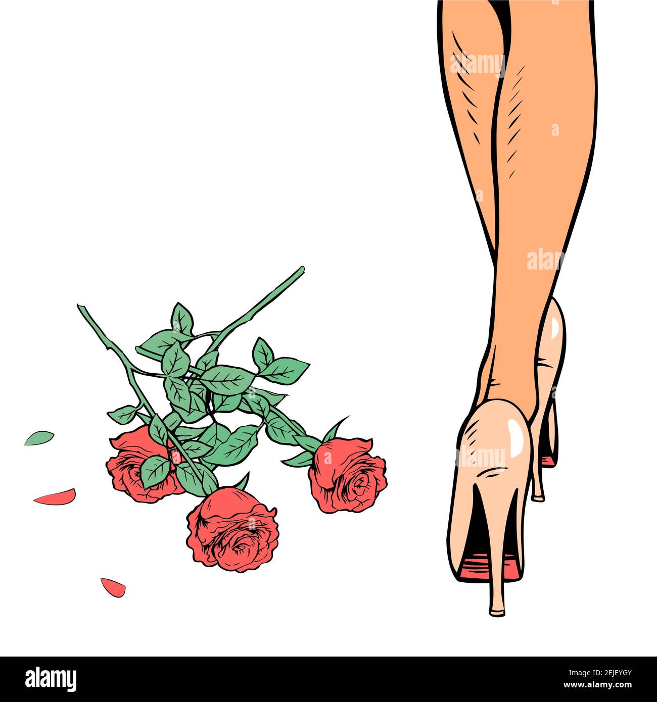 Das Mädchen warf die Blumen weg. Frauen Beine in Fersen und ein Bouquet von roten Rosen auf dem Boden. Vektor Pop Art Retro Illustration Stock Vektor