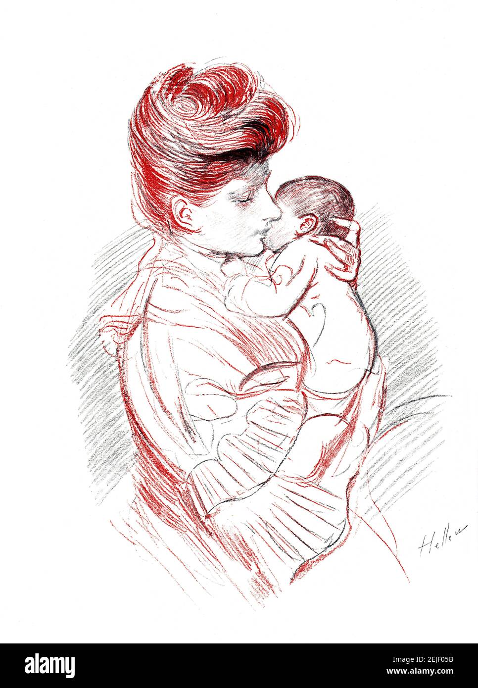 The Kiss, Mutter und neues Baby Studie in Conte Crayon von Paul Helleu, von 1899 The Studio an Illustrated Magazine of Fine and Applied Art Stockfoto