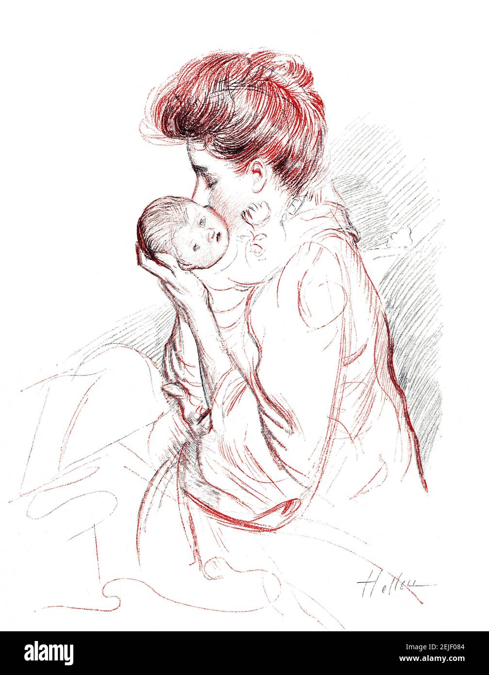The Kiss, Mutter und neues Baby Studie in Conte Crayon von Paul Helleu, von 1899 The Studio an Illustrated Magazine of Fine and Applied Art Stockfoto