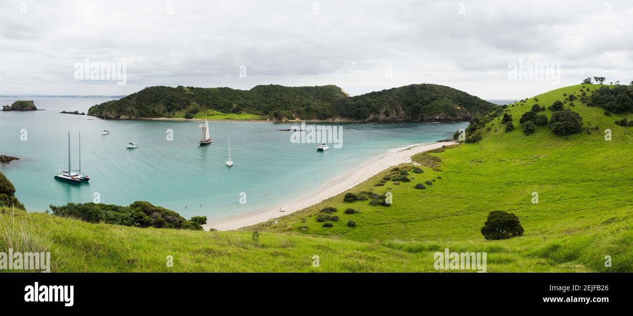 Die Boote dockten in einer kleinen Bucht auf Waewaetorea Island, Bay of Islands, Northland Region, North Island, Neuseeland Stockfoto