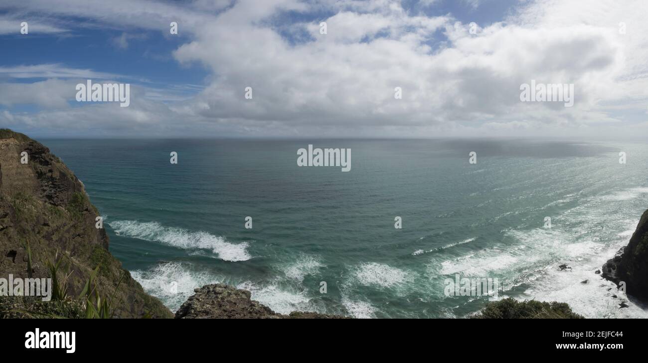 Erhöhter Blick auf den Piha Beach, Waitakere Ranges Regional Park, Auckland Region, Nordinsel, Neuseeland Stockfoto