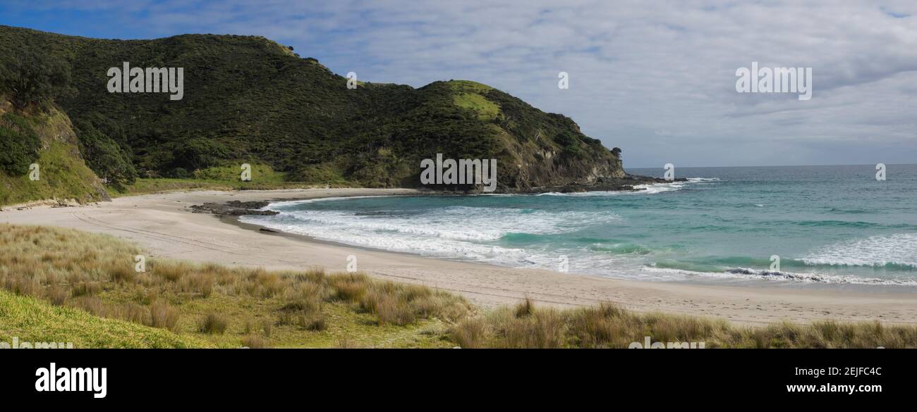 Blick auf den Küstenstrand, Tapotupotu Bay, Cape Reinga, Northland Region, North Island, Neuseeland Stockfoto