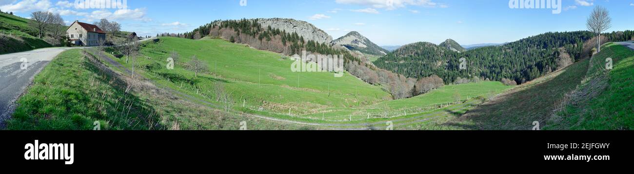 Blick auf Bergstraße, Mont Gerbier De Rush, Les Estables, Ardeche, Rhone-Alpes, Massif Central, Frankreich Stockfoto