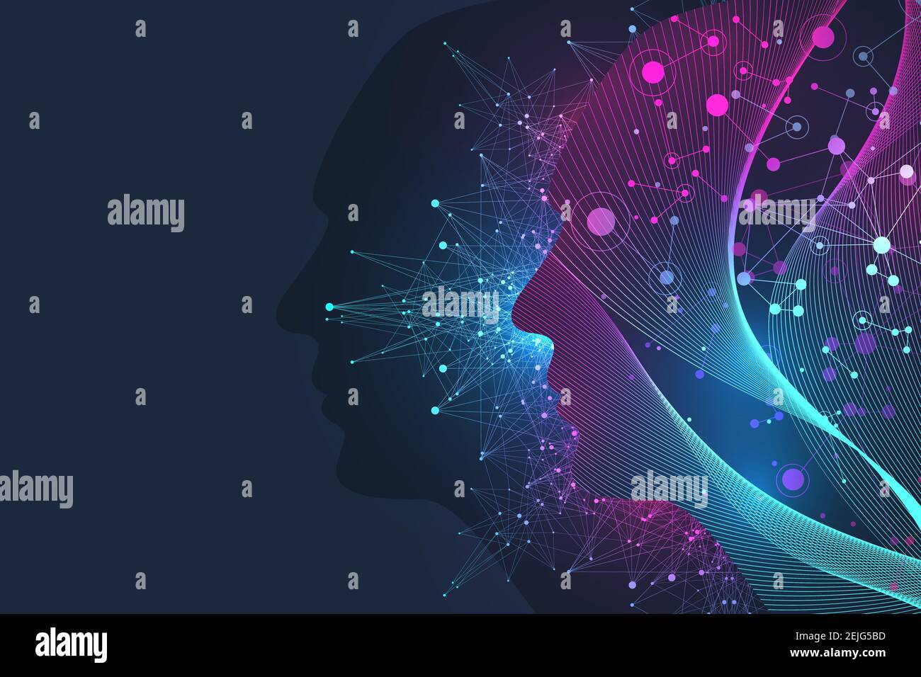 Artificial Intelligence and Machine Learning Illustrationskonzept. Menschlicher Kopfumriss mit Gehirn, Illustration Stockfoto