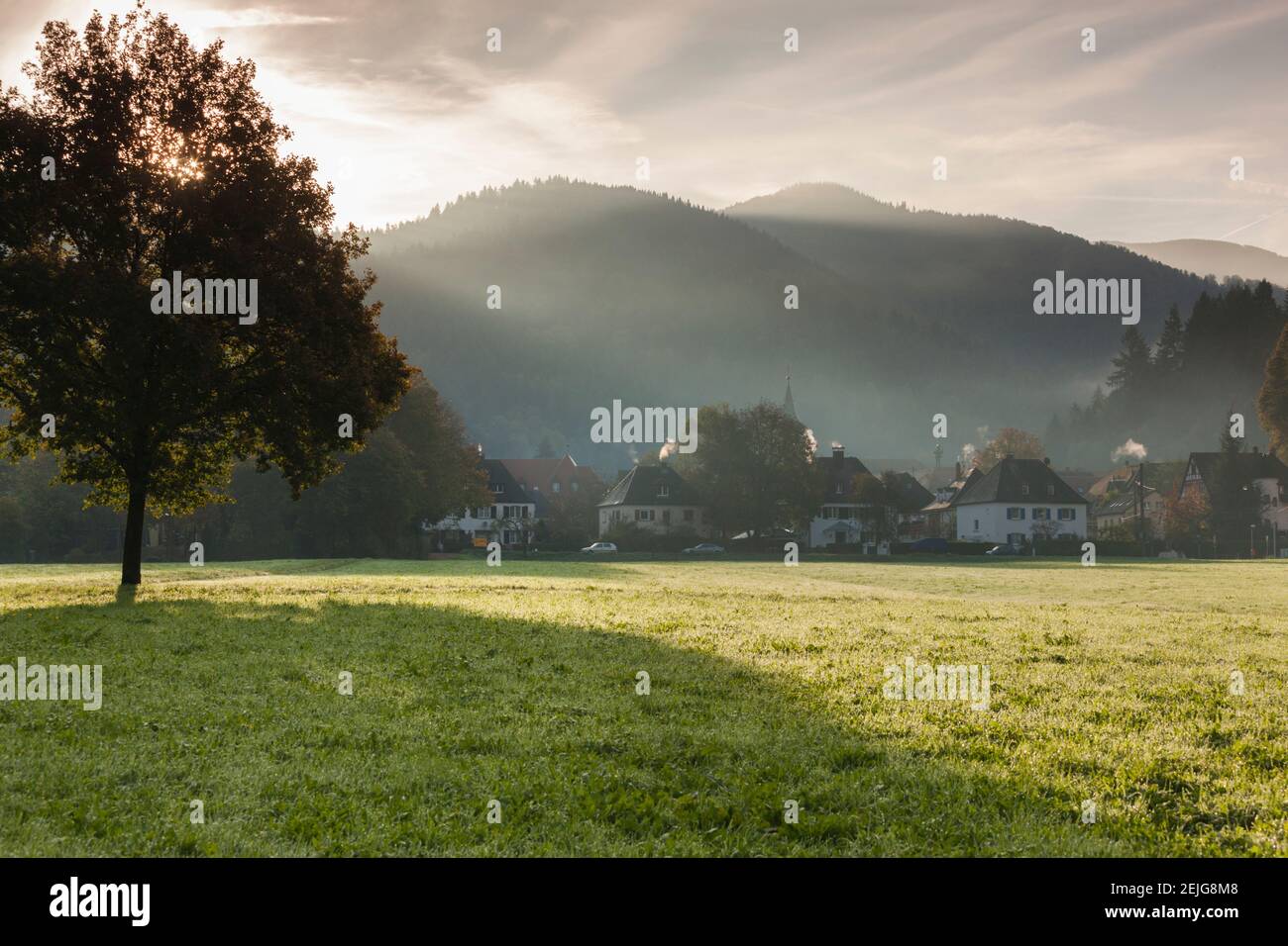 Morgennebel über der Schauinsland Straße, Freiburg im Breisgau, Schwarzwald, Baden-Württemberg, Deutschland Stockfoto