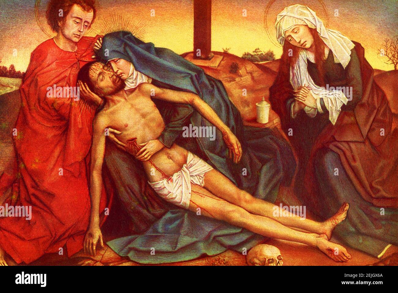 Dieses Bild zeigt die Klage Christi von Roger V. D. Weyden. Lamentation of Christ ist ein Öl-auf-Tafel-Gemälde dieses gemeinsamen Themas von dem niederländischen Künstler Roger (auch geschrieben Rogier) van der Weyden, aus der Zeit um 1460–1463 und jetzt in den Uffizien Galerie, Florenz, Italien. Stockfoto