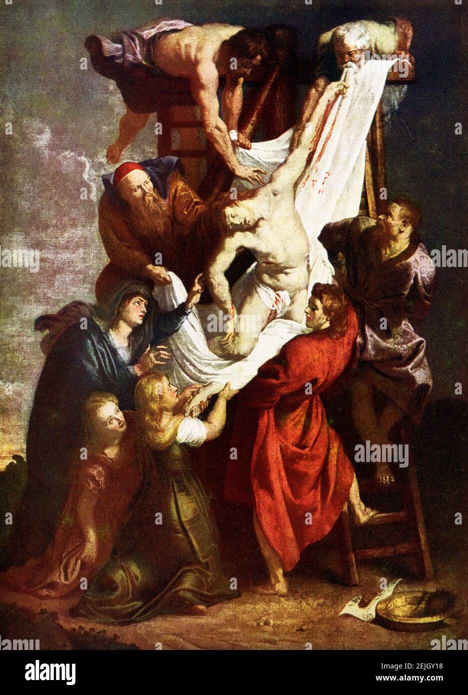 Diese Bilder zeigen die Kreuzabnahme von Peter Paul Rubens. Die Kreuzabnahme ist die zentrale Tafel eines Triptychon-Gemäldes von Peter Paul Rubens in den Jahren 1612–1614. Es ist noch an seinem ursprünglichen Platz, die Kathedrale unserer Lieben Frau, Antwerpen, Belgien, zusammen mit einem anderen großen Altarbild die Erhebung des Kreuzes. Das Thema war ein Rubens wieder und wieder in seiner Karriere. Sir Peter Paul Rubens (1577-1640) war ein flämischer Künstler und Diplomat aus dem Herzogtum Brabant in den südlichen Niederlanden, der während des Goldenen Zeitalters der Niederlande lebte. Er gilt als der am meisten Stockfoto