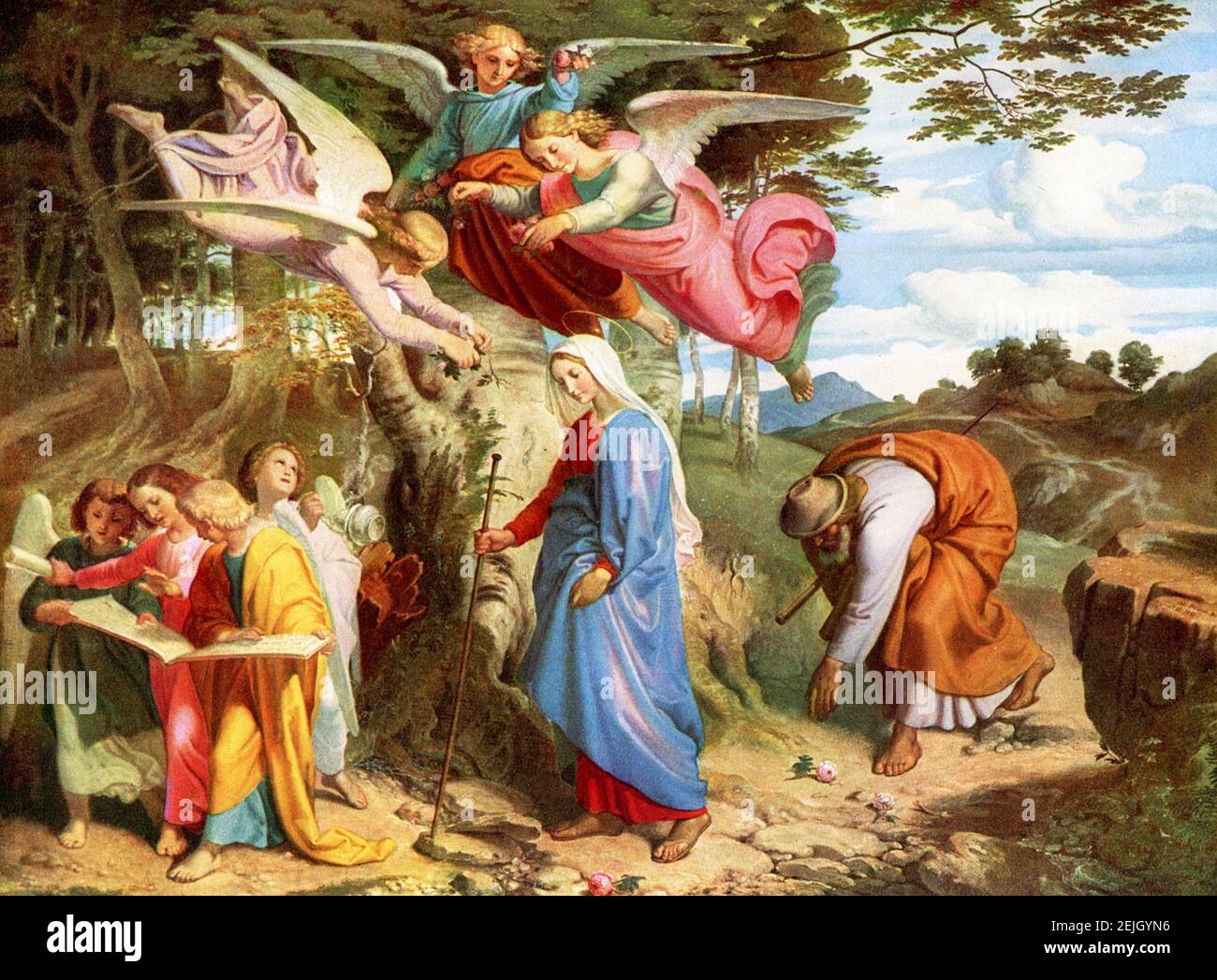 Dieses Bild zeigt Gang Mariens uber das Gebirge von Josef von Fuhrich, das in der Österreichischen Galerie im Belvedere in Wien untergebracht ist. Sie stammt aus dem Jahr 1841. Das Gemälde ist ein Bild des Themas des Weges zur Heiligkeit der Jungfrau. Joseph von Fuhrich (1800-1876) war ein romantischer Künstler. Geboren in Böhmen, Tschechien, in der Stadt Kratzau, studierte er in Prag und Wien. Böhmen war dann Teil des österreichischen Reiches und Fuhrich erhielt ein Stipendium von Prinz Metternich zu studieren in Rom, Er blieb dort mit der Nazarener Gemeinde von Stockfoto