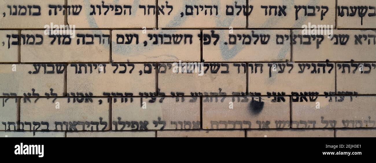Nahaufnahme der hebräischen Schrift an der Wand, Shenkin Street, White City, Tel Aviv, Israel Stockfoto