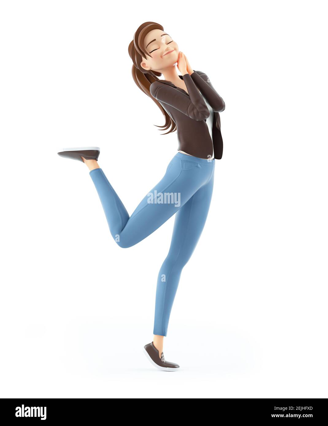 3D Cartoon Frau in fröhlicher Stimmung, Illustration isoliert auf weißem Hintergrund Stockfoto