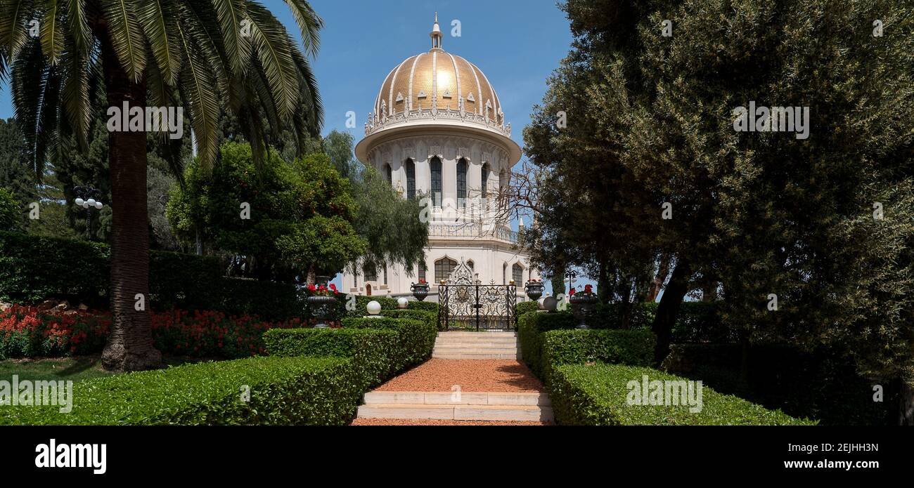 Blick auf Terrassen des Schreins der Bab, Bahai Gärten, Deutsche Kolonie Plaza, Haifa, Israel Stockfoto
