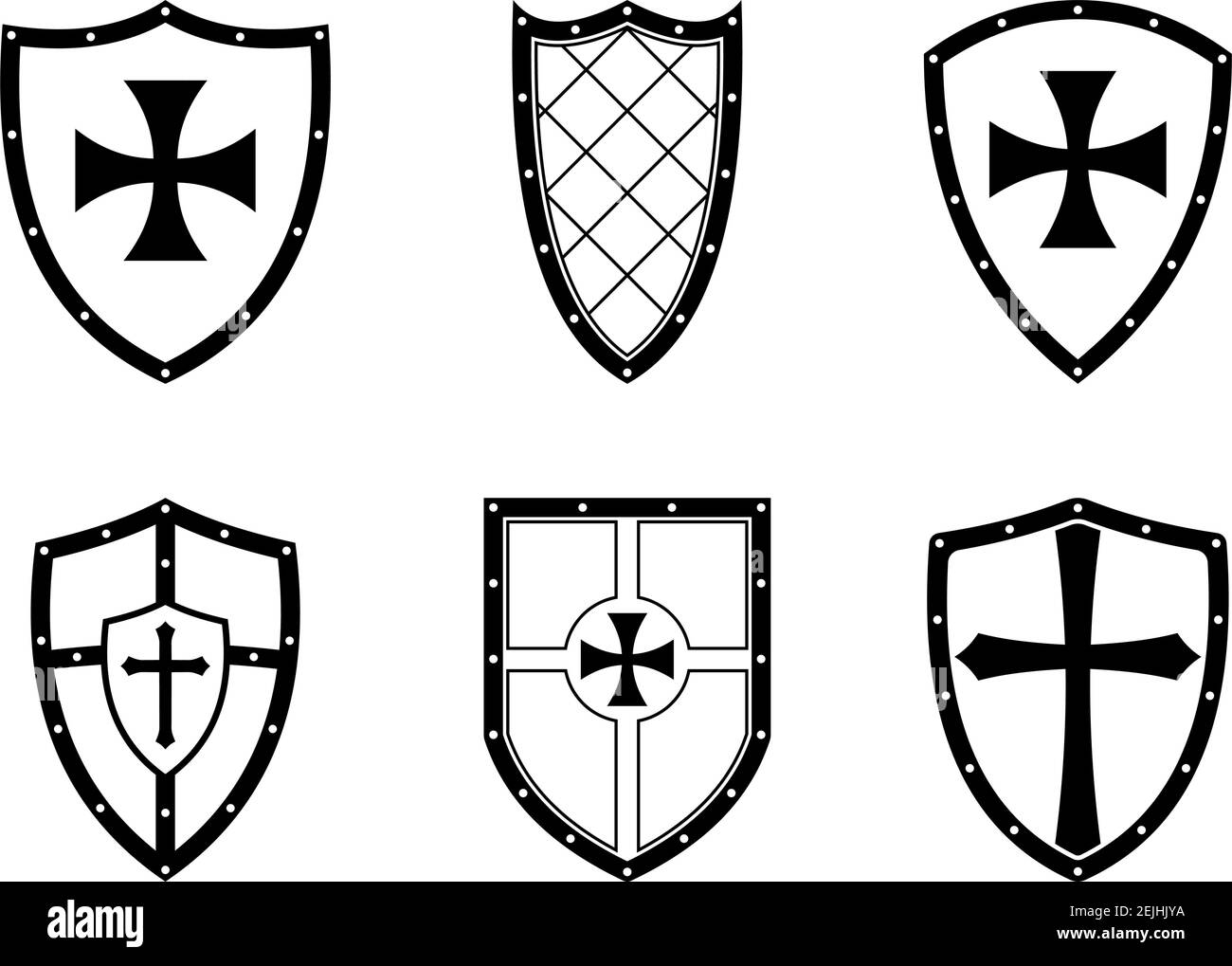 Knight Shield auf weißem, isoliertem Hintergrund. Schwarz-Weiß Vektor Illustration von einfachen Wappon Schilden. Stock Vektor