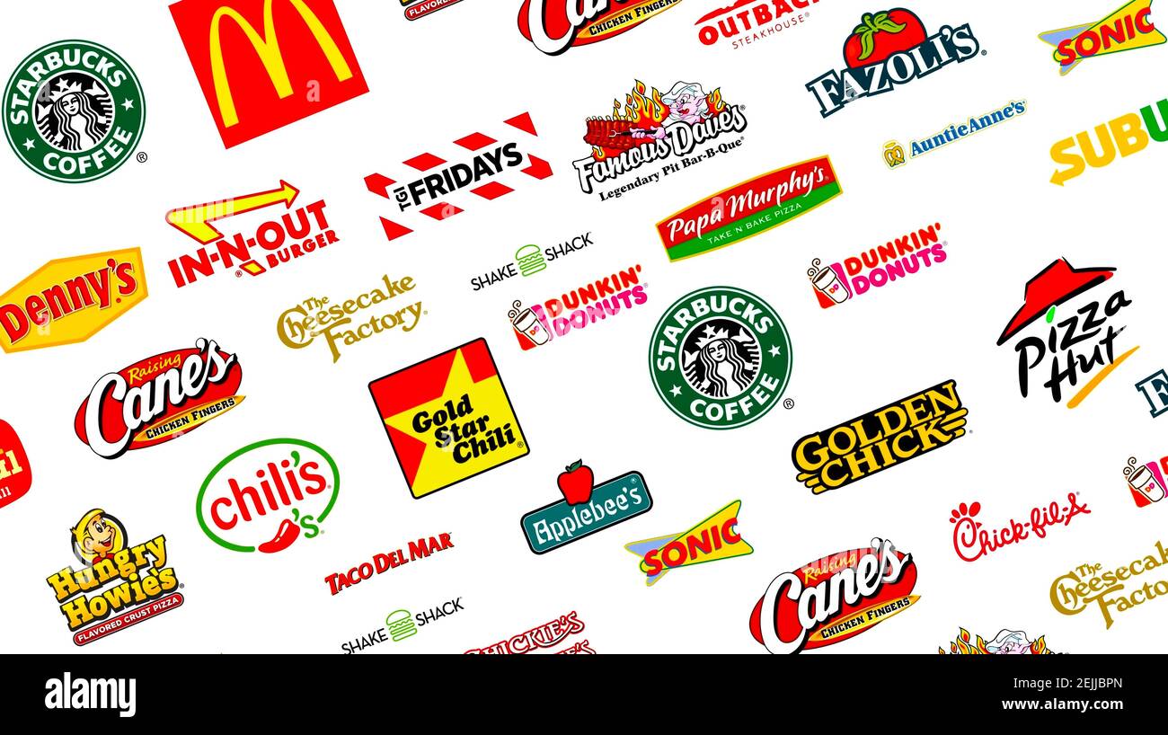 Logotyp Sammlung der berühmtesten Fast-Food, Restaurants und Kaffee Stockfoto