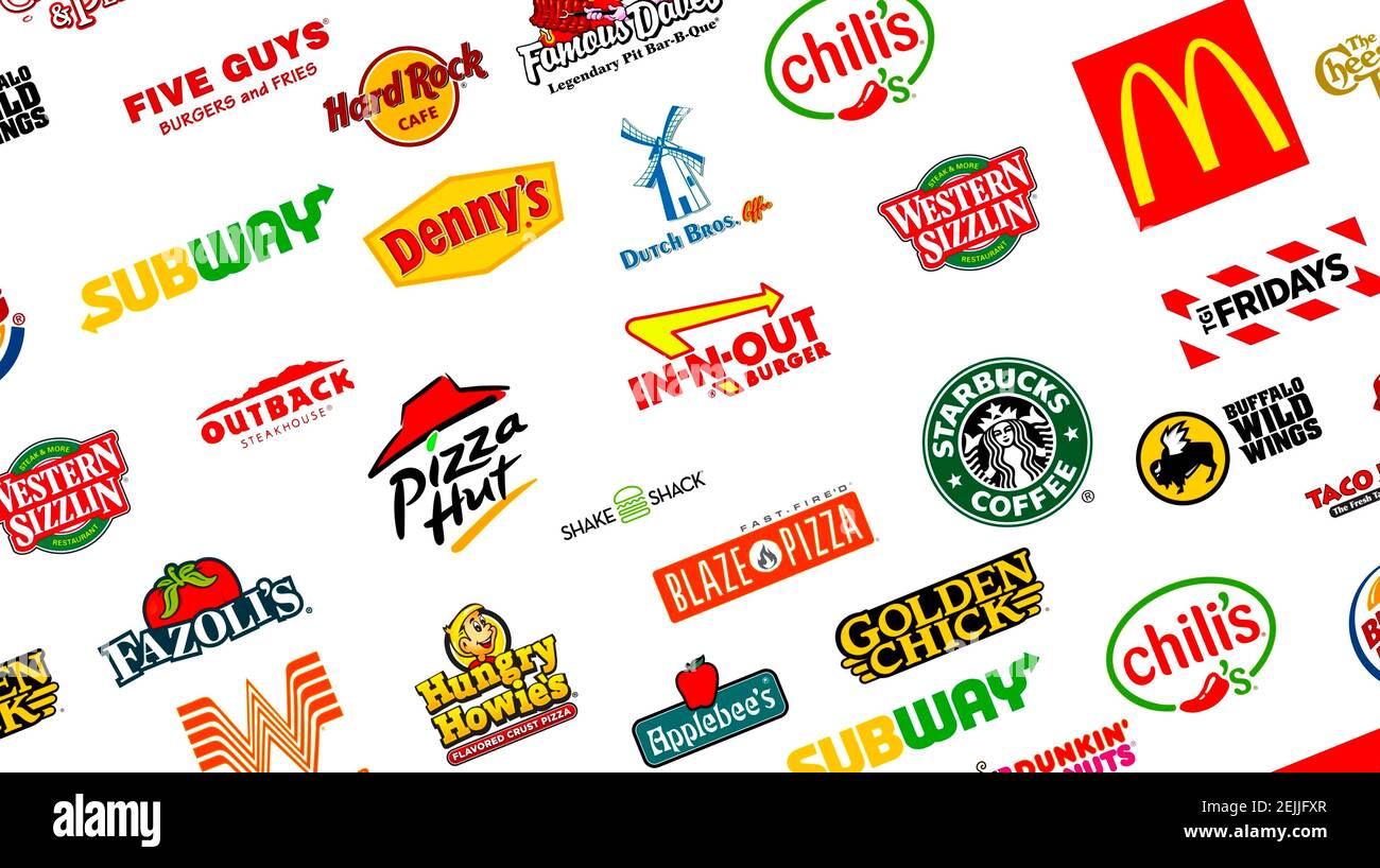 Logotyp Sammlung der berühmtesten Fast-Food, Restaurants und Kaffee Stockfoto