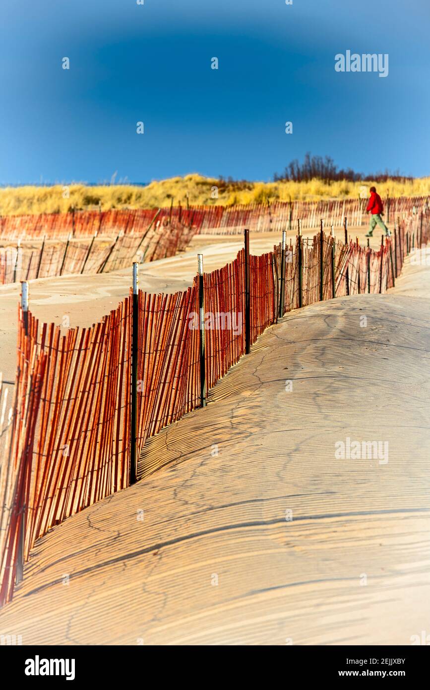 Schneezaun mit Schatten entlang windgedrifteten Sand in der Nähe des Ludington State Park Beach House am Lake Michigan in der Nähe von Ludington, Michigan, USA. Ludington S. Stockfoto