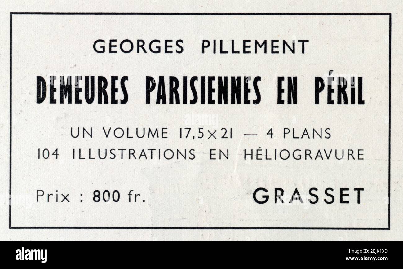 Publicité ancienne. Georges Pillement , Demeures parisiennes en péril. 1950 Stockfoto
