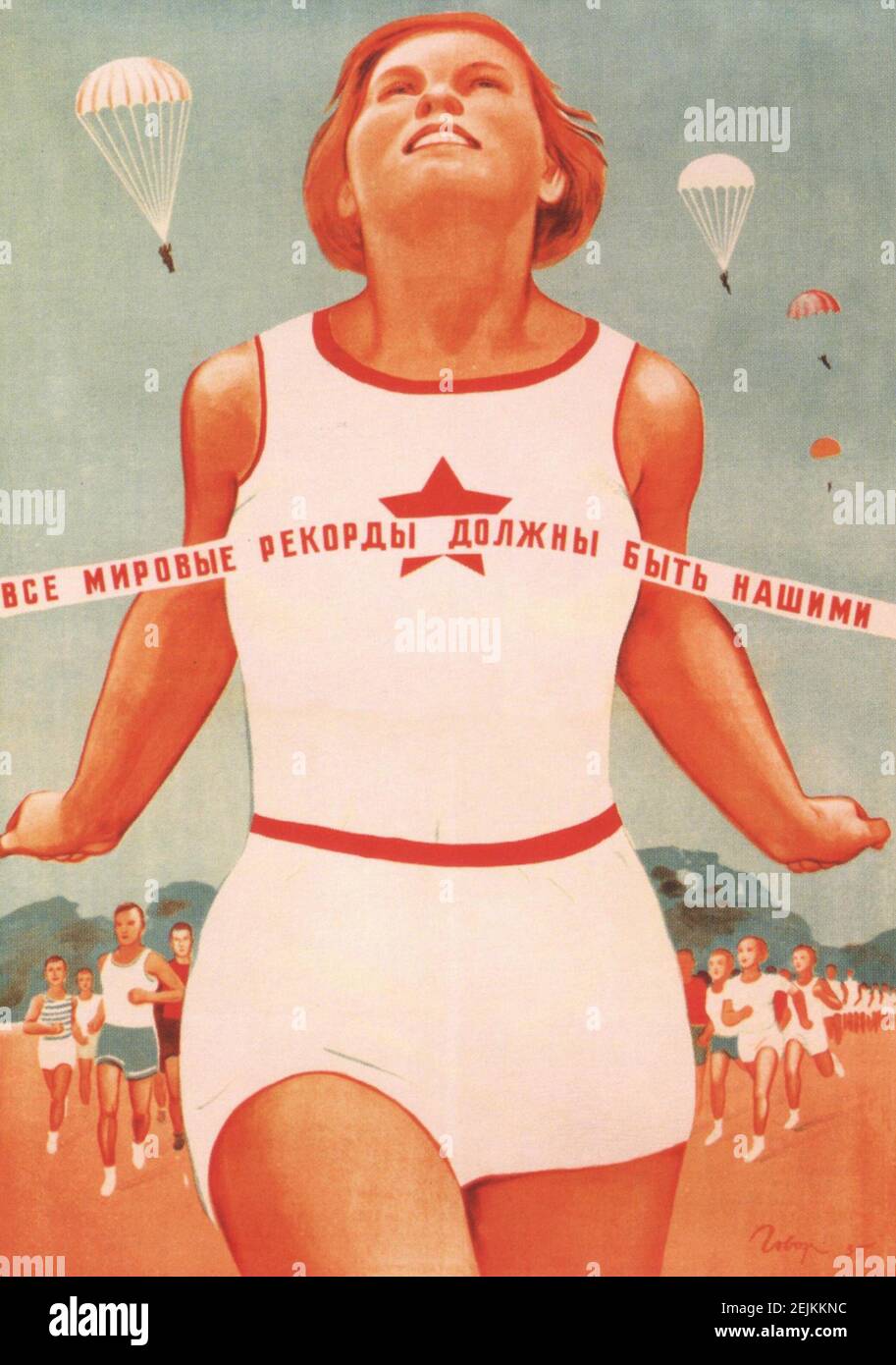 Sowjetisches Plakat "Alle Weltrekorde sollten uns gehören!" Stockfoto