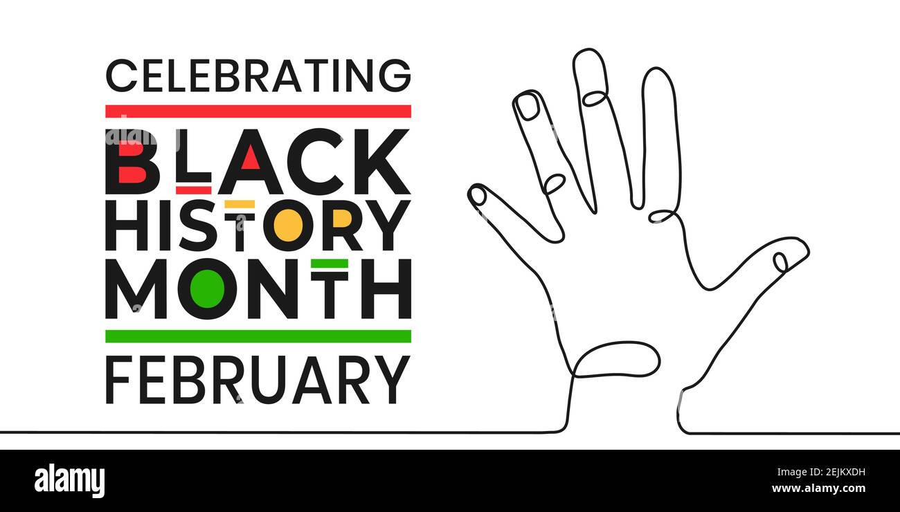 Banner zum Black History Month Februar. Vektor-Illustration der kontinuierlichen Linienzeichnung der menschlichen Handfläche offenen Geste. Designvorlage für Stock Vektor