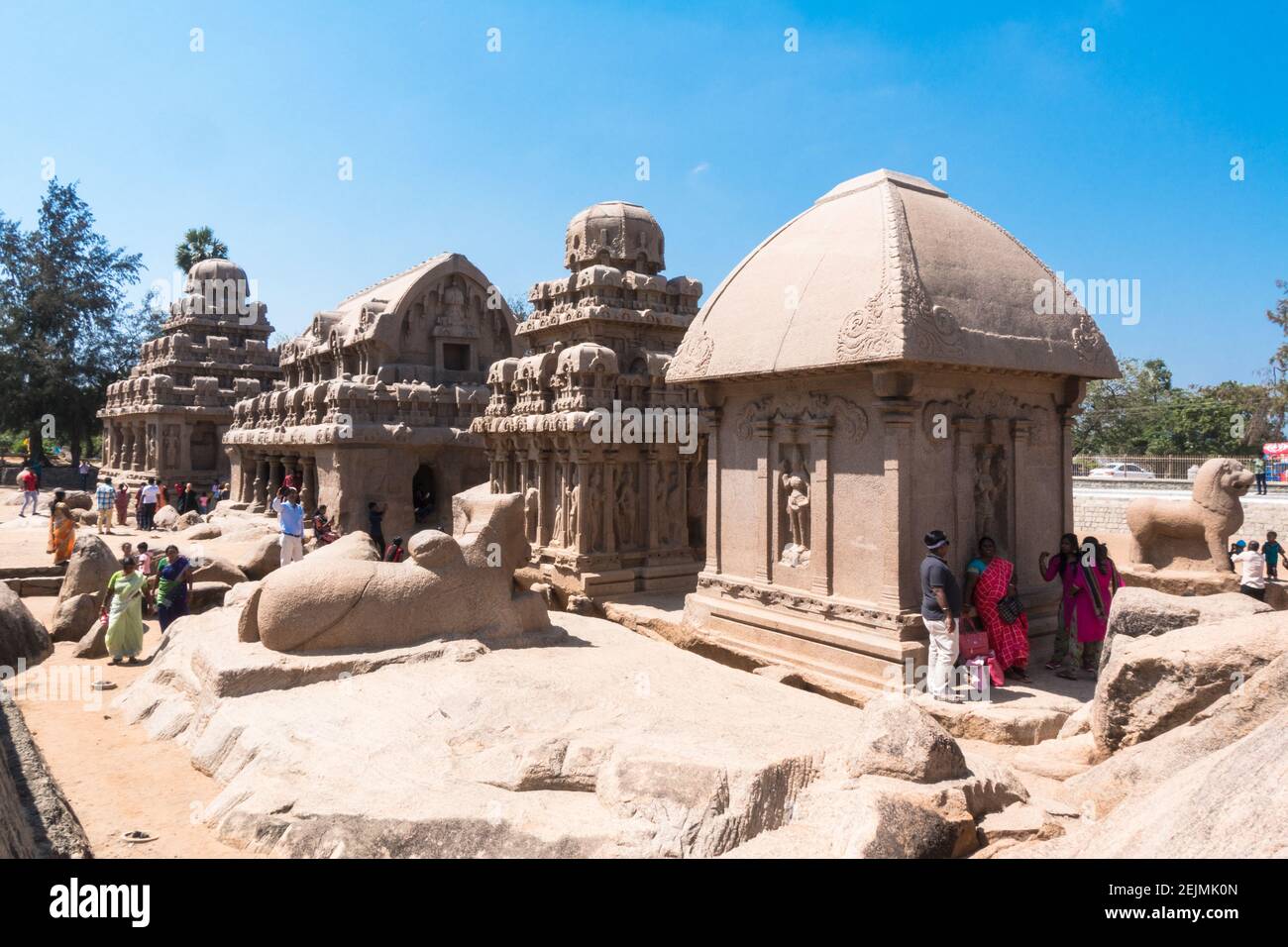 Fünf (Pancha) Rathas in Mahabalipuram (Mamallapuram), Tamil Nadu, Indien Stockfoto