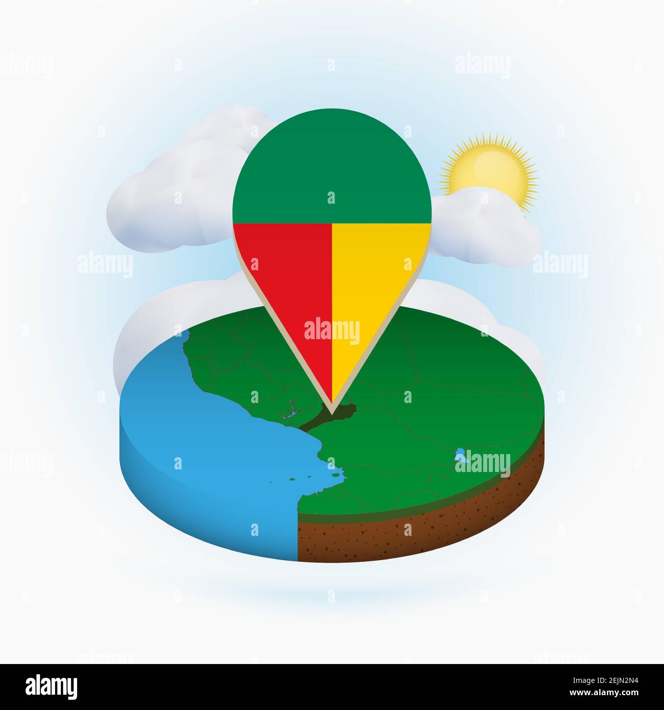 Isometrische Rundkarte von Benin und Punktmarker mit Flagge von Benin. Wolke und Sonne im Hintergrund. Isometrische Vektordarstellung. Stock Vektor