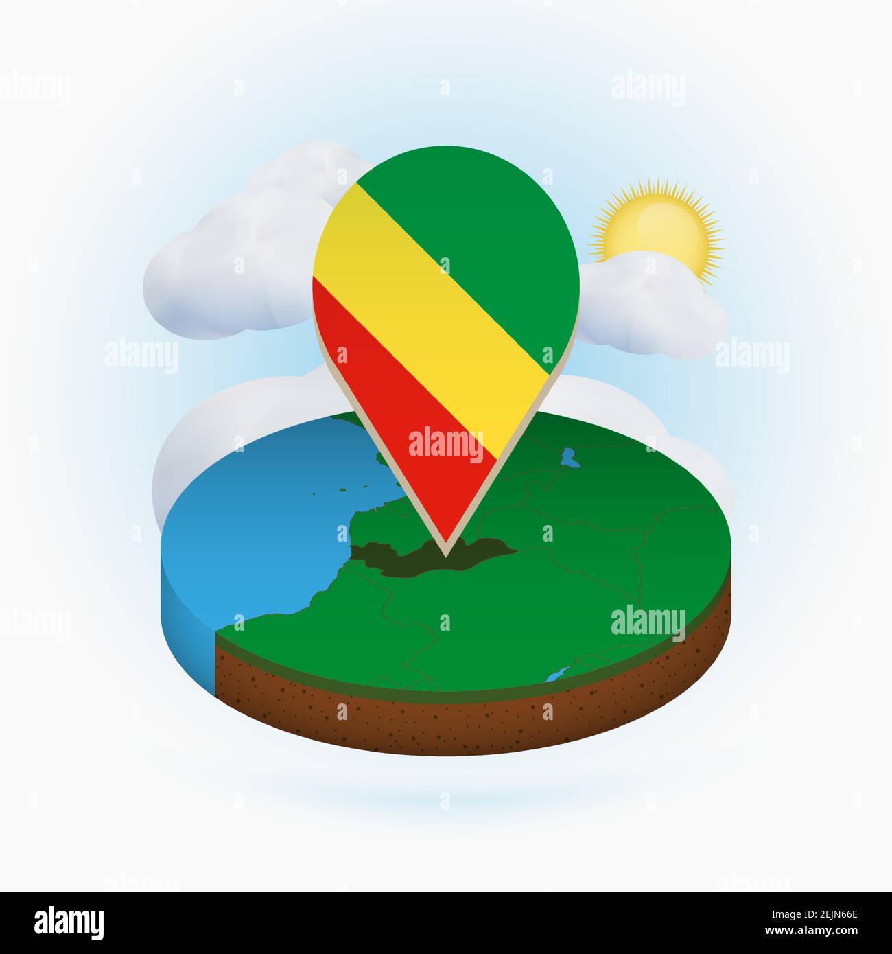 Isometrische Rundkarte von Kongo und Punktmarkierung mit Flagge von Kongo. Wolke und Sonne im Hintergrund. Isometrische Vektordarstellung. Stock Vektor