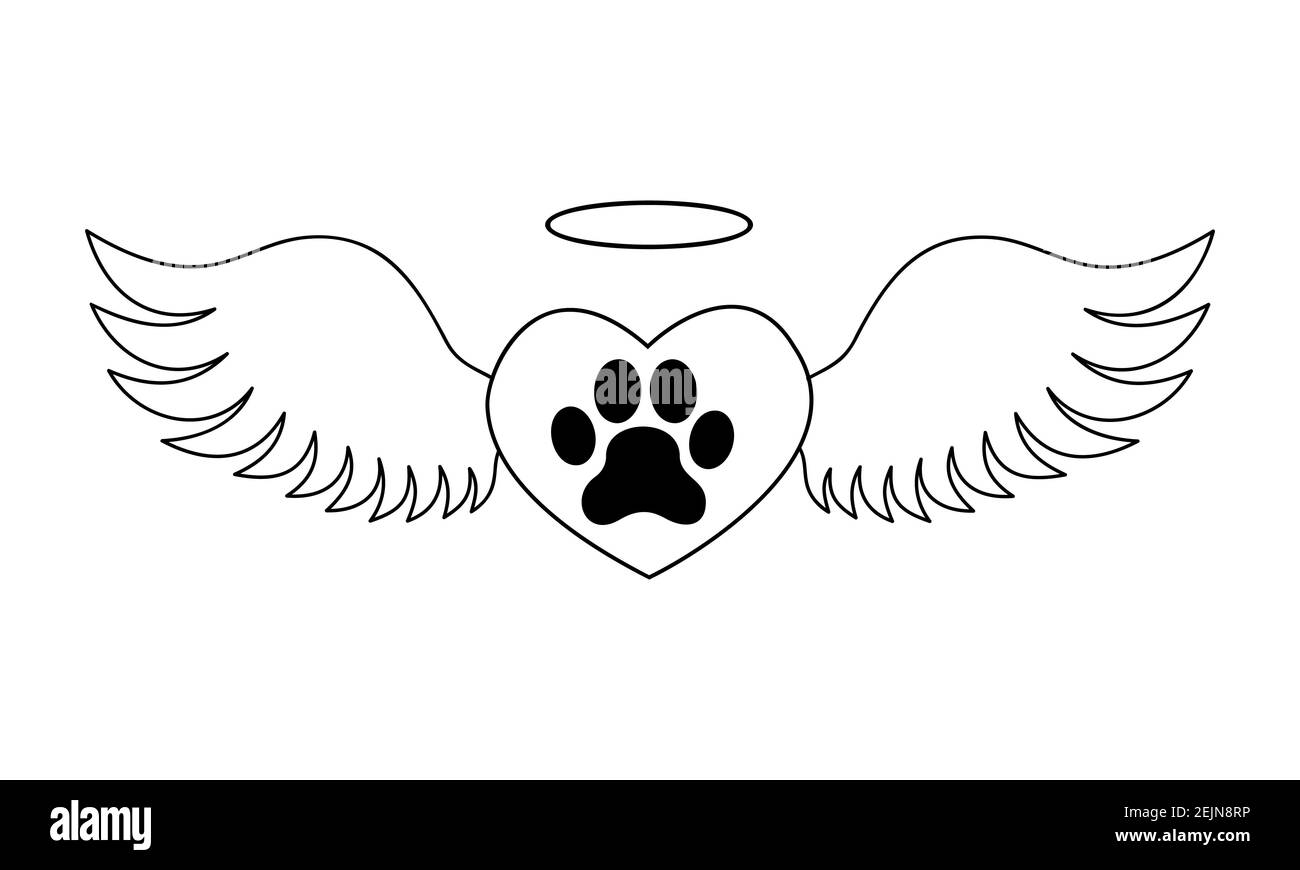 Herz mit Hunden Pfote innen mit Engelsflügeln und Halo. PET Tod Gedenkkonzept. Grafikdesign für Tattoo, T-Shirt, Memory Board, Grabstein. Vektorgrafik. Stock Vektor