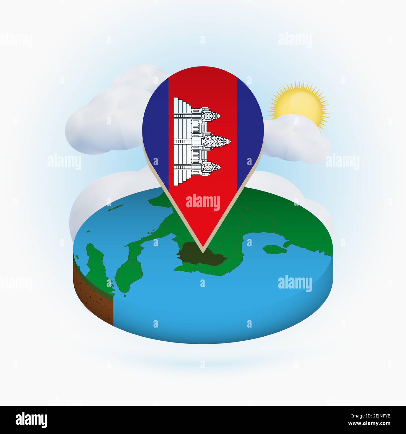 Isometrische Rundkarte von Kambodscha und Punktmarkierung mit Flagge von Kambodscha. Wolke und Sonne im Hintergrund. Isometrische Vektordarstellung. Stock Vektor