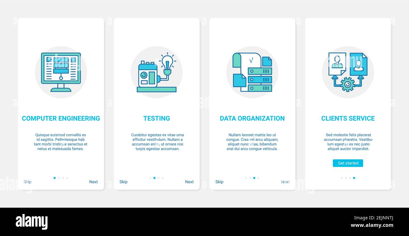 Test und Entwicklung von Business Customer Service Technologie Vektordarstellung. UX, UI Onboarding mobile App Seite Bildschirm mit Linie Test Daten Optimierung, Entwicklung von Anwendungen für Benutzer Stock Vektor