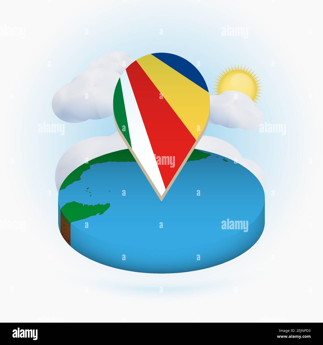 Isometrische Rundkarte der Seychellen und Punktmarkierung mit Flagge der Seychellen. Wolke und Sonne im Hintergrund. Isometrische Vektordarstellung. Stock Vektor