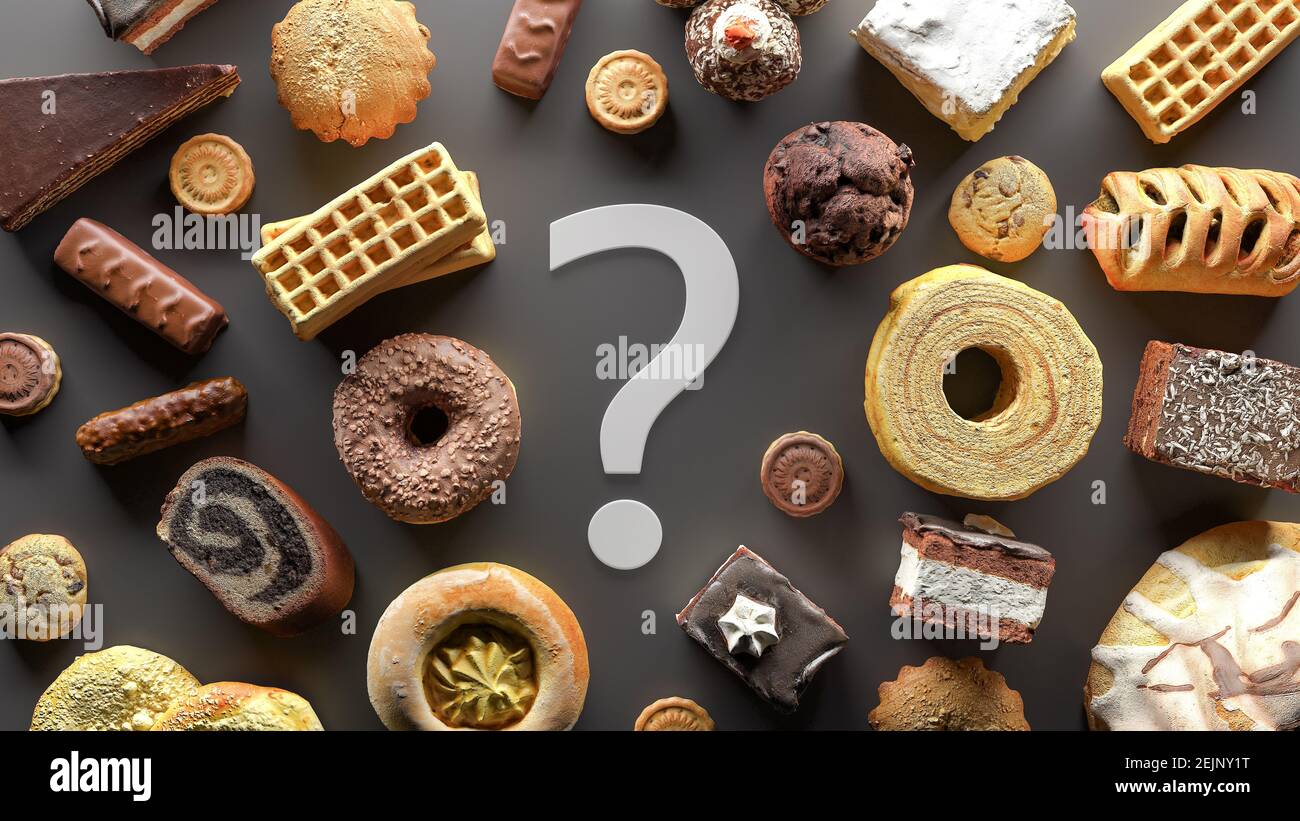 Zucker Lebensmittelabhängigkeit, Diät-Konzept mit Fragezeichen Zeichen 3D Rendern 3D Illustration Stockfoto