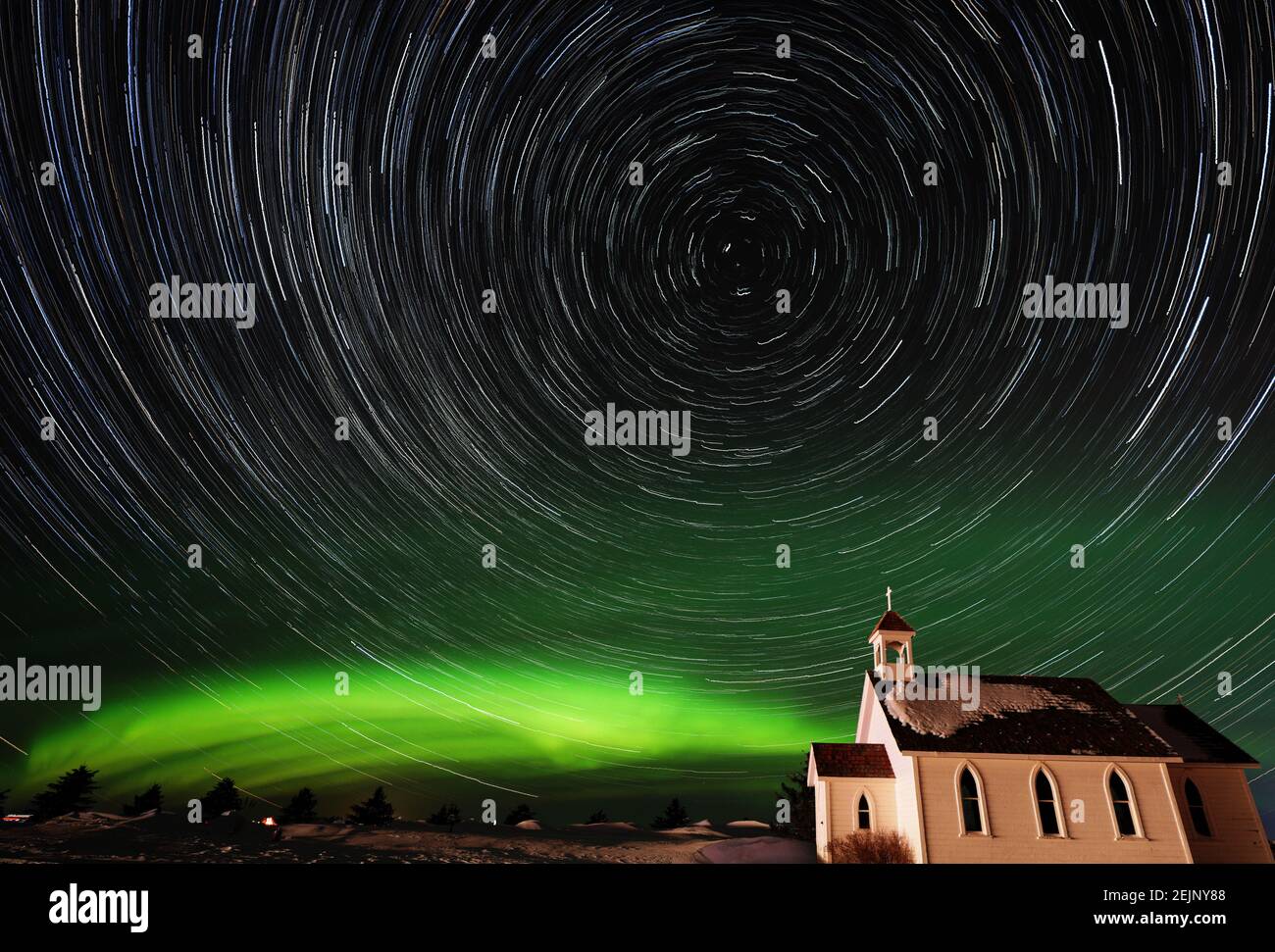 Aurora Borealis in Saskatchewan Nachtfotografie Kirche Stockfoto