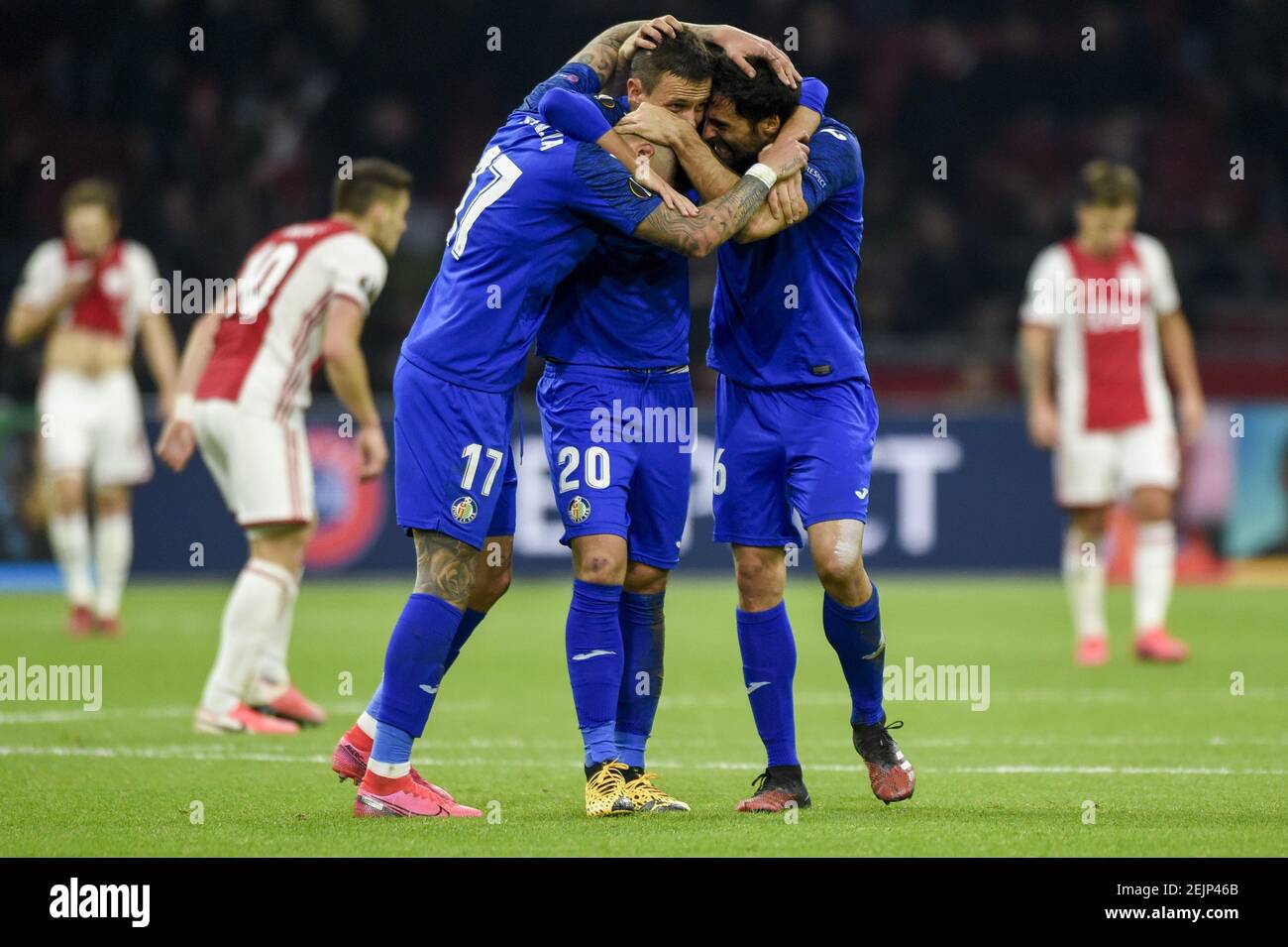 Getafe Spieler feiern während der Europa League Runde 32 Spiel zwischen AFC Ajax und Getafe C.F. in Johan Cruijff Arena in Amsterdam am 27. Februar 2020 (Foto von Andrew SURMA / SIPA USA). Stockfoto