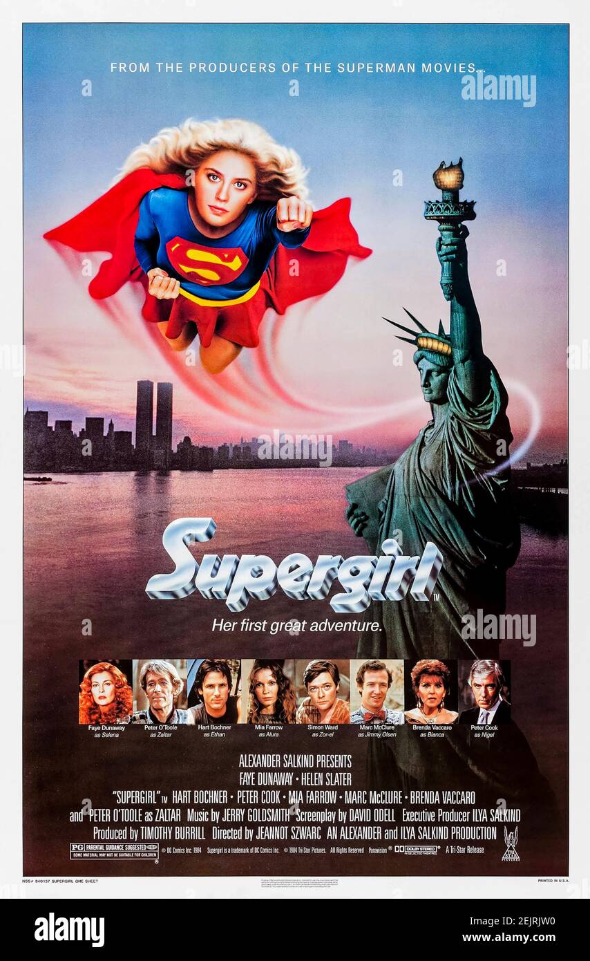 Supergirl (1984) unter der Regie von Jeannot Szwarc mit Helen Slater, Faye Dunaway und Peter O'Toole. Supermans Cousin besucht die Erde, um eine mächtige Kugel zu finden und bleibt, um eine böse Hexe zu bekämpfen. Stockfoto
